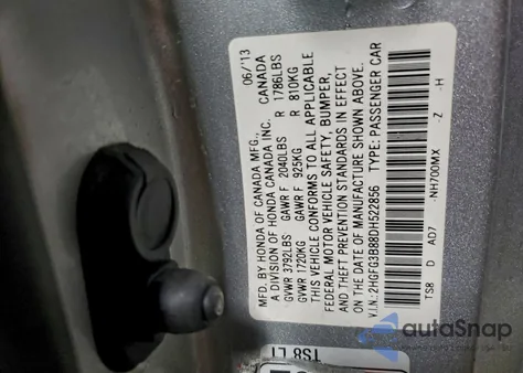 2013 Honda Civic Ex из США, поврежденный, VIN 2HGFG3B88DH522856